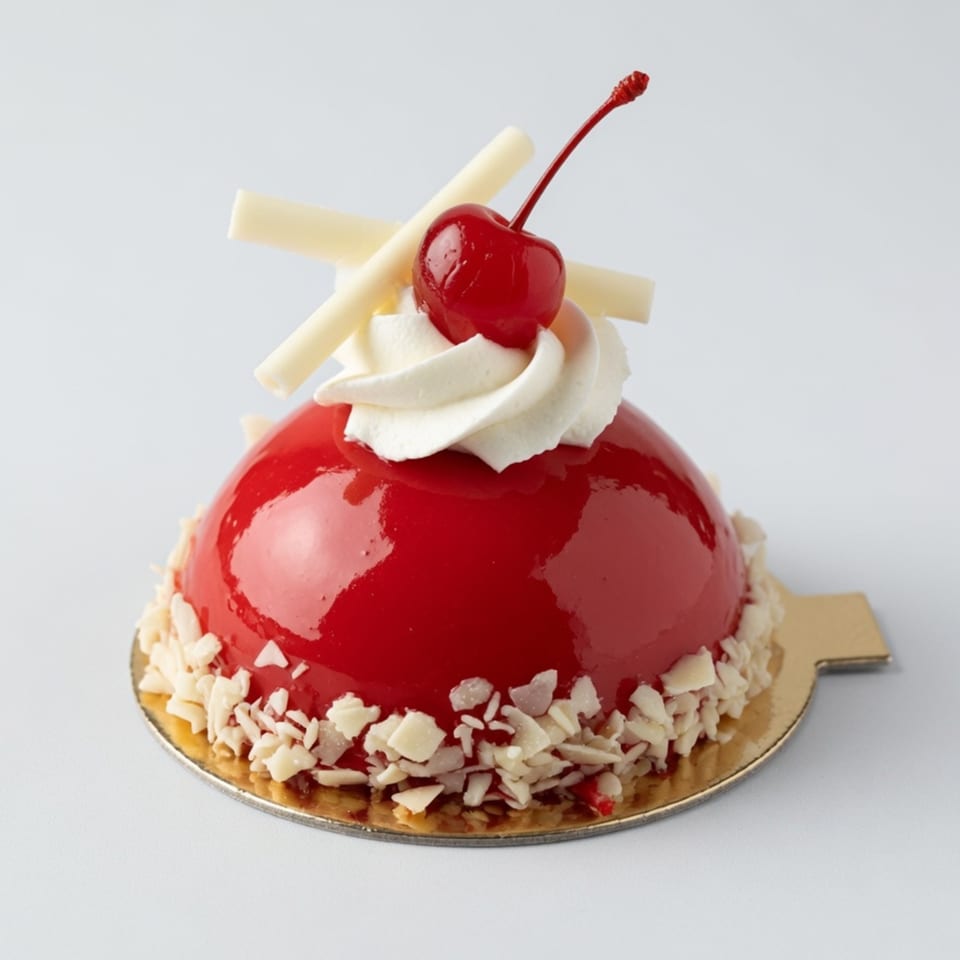 A shiny red dome-shaped dessert with white chocolate shavings, whipped cream, and a cherry on top.