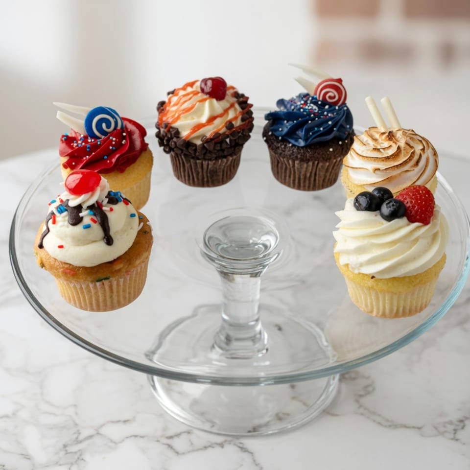 Six colorful cupcakes with various frostings and toppings arranged on a glass cake stand.